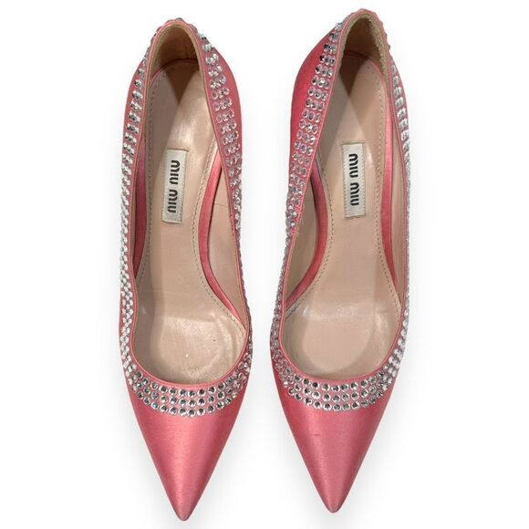 Miu Miu Calzature Donna Crystal Embellished Satin Heels Pumps Rose Pink SZ 36.5 - Picture 6 of 12